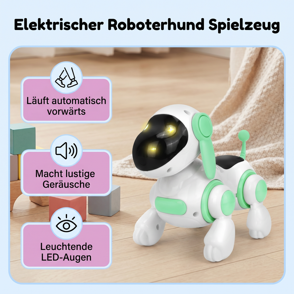 Fröhlicher Roboterhund für Kinder, interaktives Spielzeug mit Bewegungen, Geräuschen und LED-Augen.