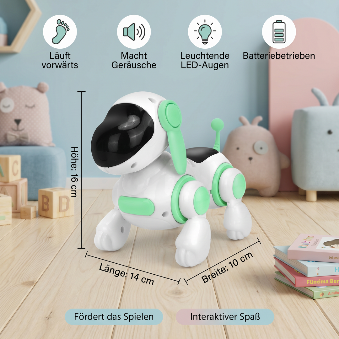 Detailansicht des interaktiven elektrischen Roboterhundes für Kinder, zeigt LED-Lichter & robuste Bauweise.