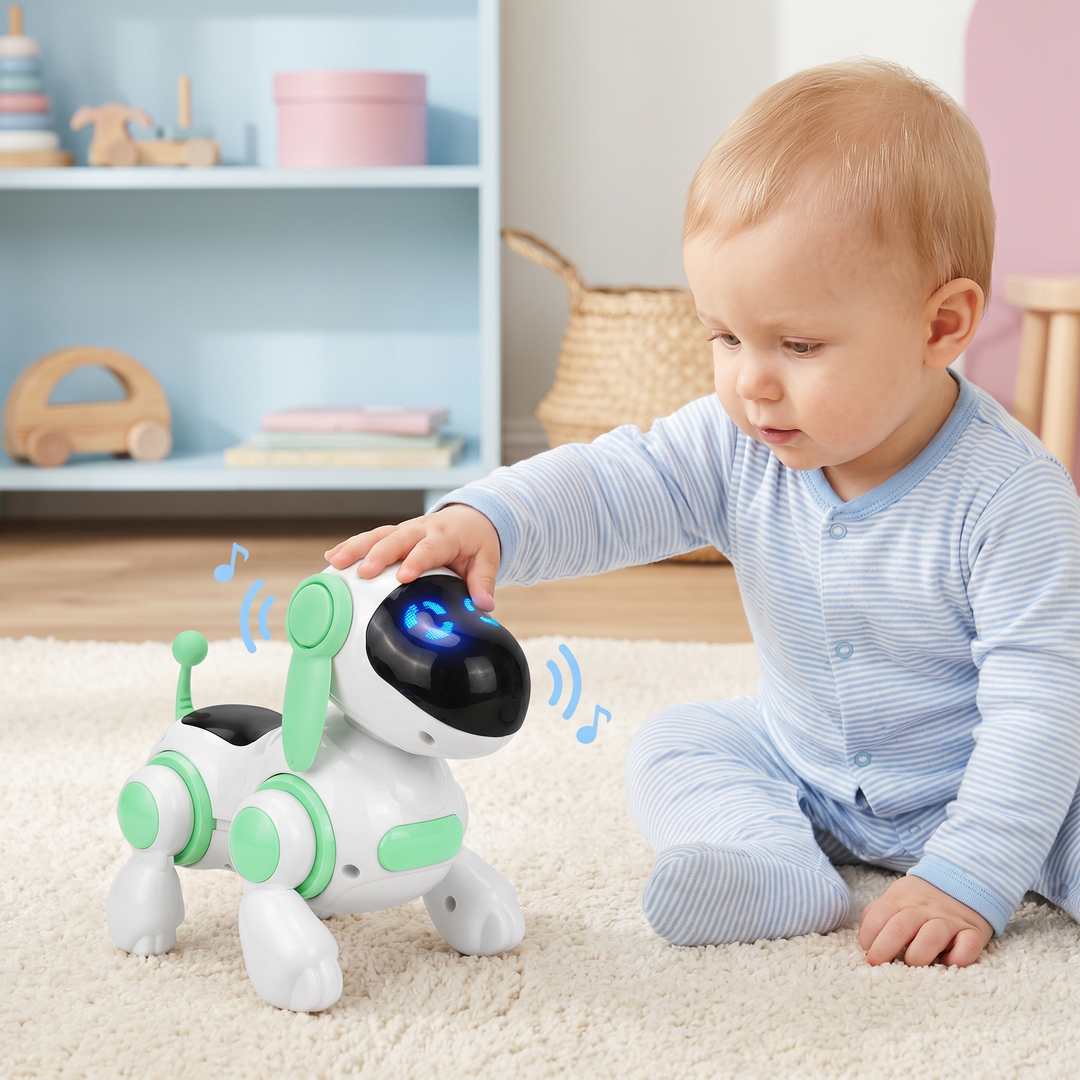 Ein Kind spielt lachend mit dem elektrischen Roboterhund, der LED-Lichter und lustige Soundeffekte macht.