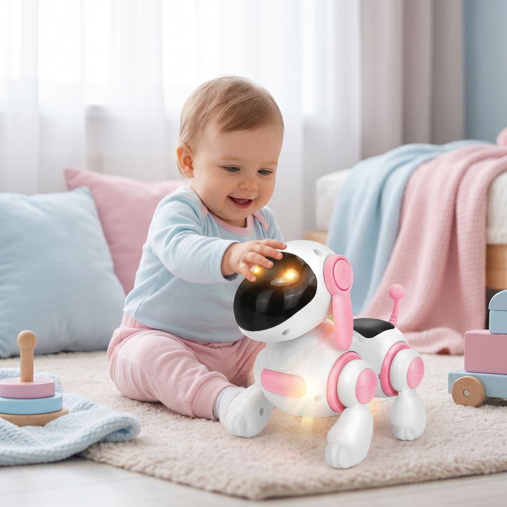 Interaktiver Roboterhund für Kinder mit realistischen Soundeffekten, beweglichen Teilen & bunten LED-Lichtern.