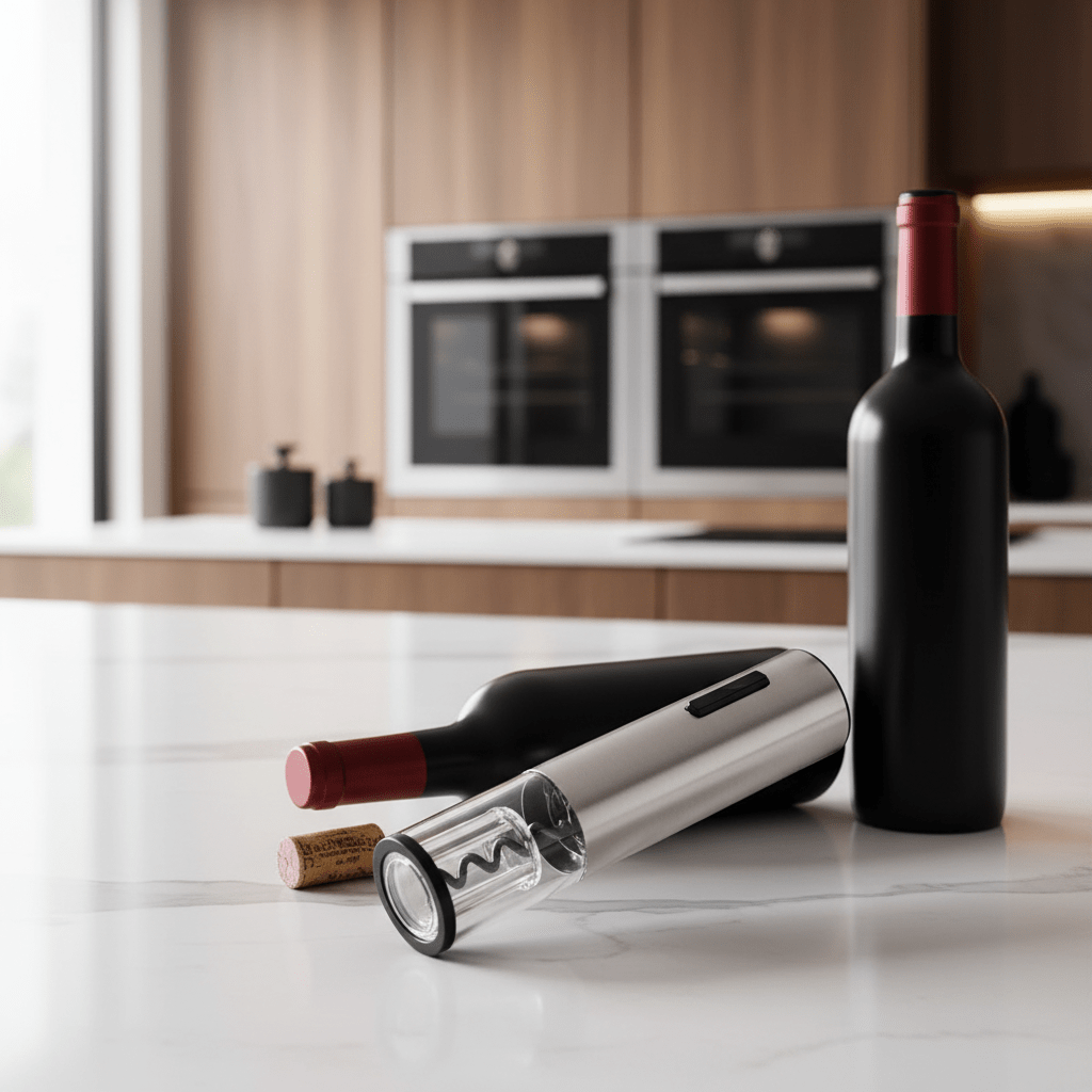 Modernes 4-in-1 Sommelierset: Elektrischer Korkenzieher, Folienschneider, Weinausgießer und Vakuumstopper in elegantem Design.