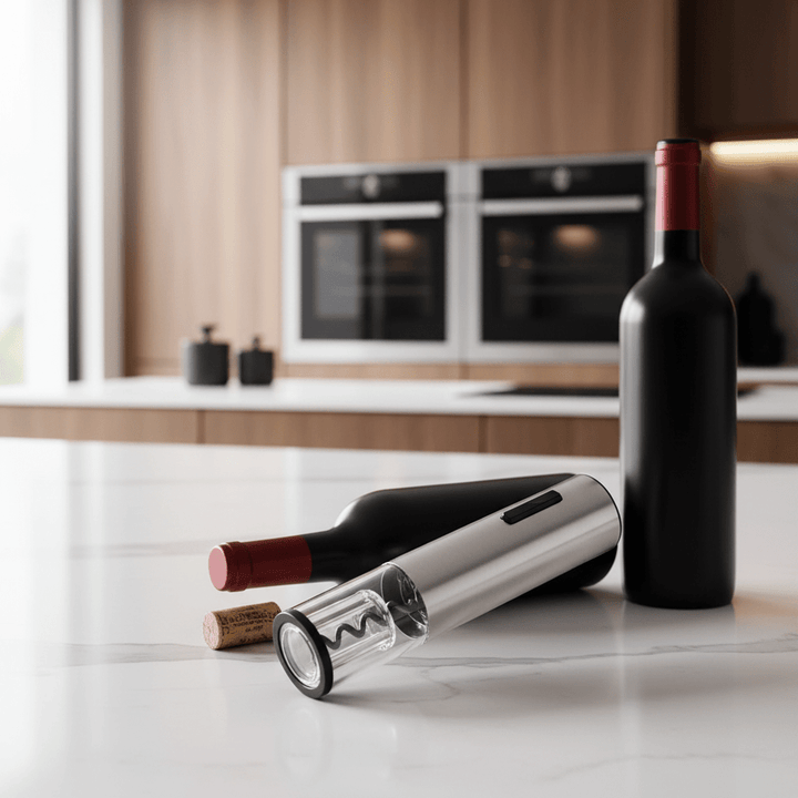 Modernes 4-in-1 Sommelierset: Elektrischer Korkenzieher, Folienschneider, Weinausgießer und Vakuumstopper in elegantem Design.