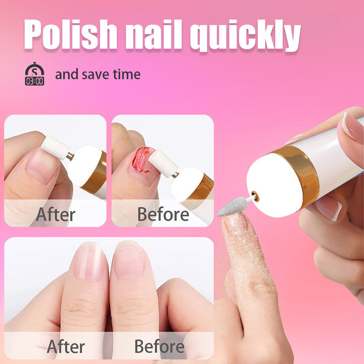 Elektrisches Nagelset mit verschiedenen Aufsätzen für alle Nageldesign-Bedürfnisse: Feilen, Polieren, Glätten.