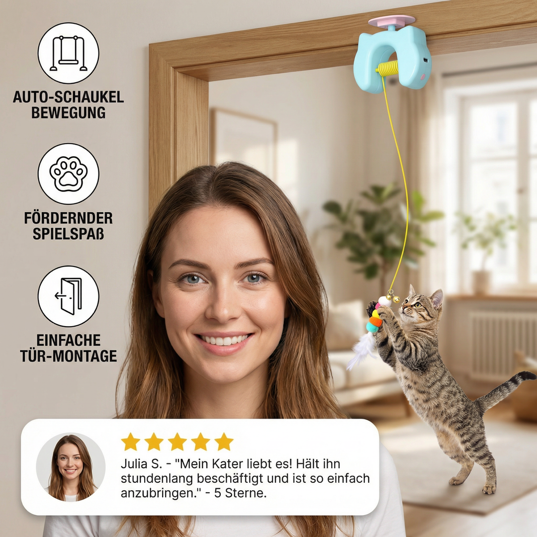Katze spielt begeistert mit dem elektrischen Tür-Hängespiel Feder-Katzenspielzeug, für interaktive Aktivität.