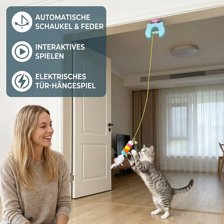 Elektrisches Tür-Hängespiel für Katzen, mit flatternder Feder, regt den natürlichen Jagdinstinkt an.