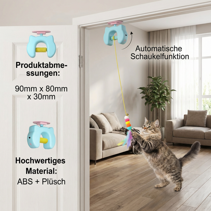 Detailansicht des elektrischen Feder-Katzenspielzeugs, das an einer Tür befestigt ist, für stundenlangen Spielspaß.