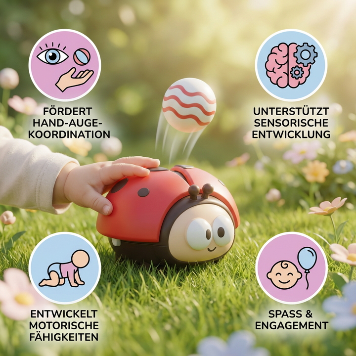 Lernspielzeug: Gelb-rotes Marienkäfer Luftball Spielzeug für Kleinkinder. Elektrisch und interaktiv.