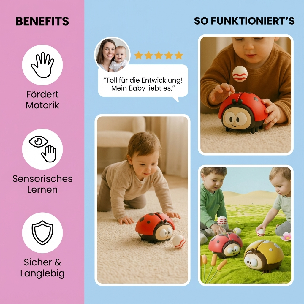 Babygerechtes Motorikspielzeug: Elektrischer Marienkäfer, der Luftballons hochhält. Spaß für Babys.