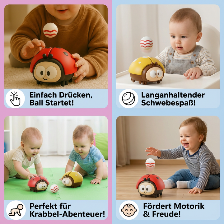 Detailaufnahme des Marienkäfer Luftball Spielzeugs, zeigt die bunten Luftballons und roten Körper.