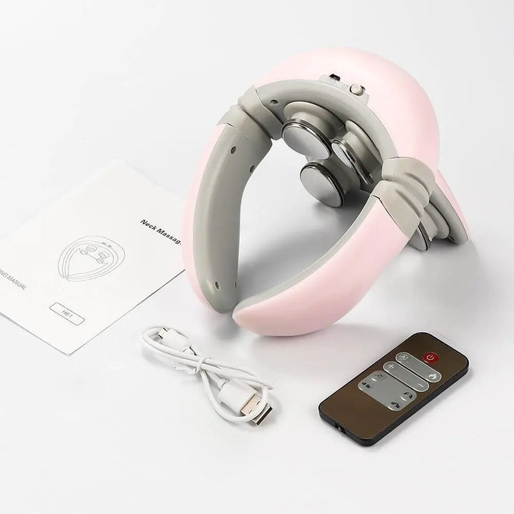 Ergonomisches Nackenmassagegerät mit TENS & Wärmefunktion zur gezielten Schmerzlinderung.