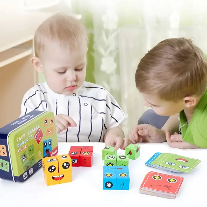 Kind spielt mit EmotionBlocks Holzspielzeug, lernt spielerisch Gefühle wie Freude, Trauer, Wut zu erkennen.