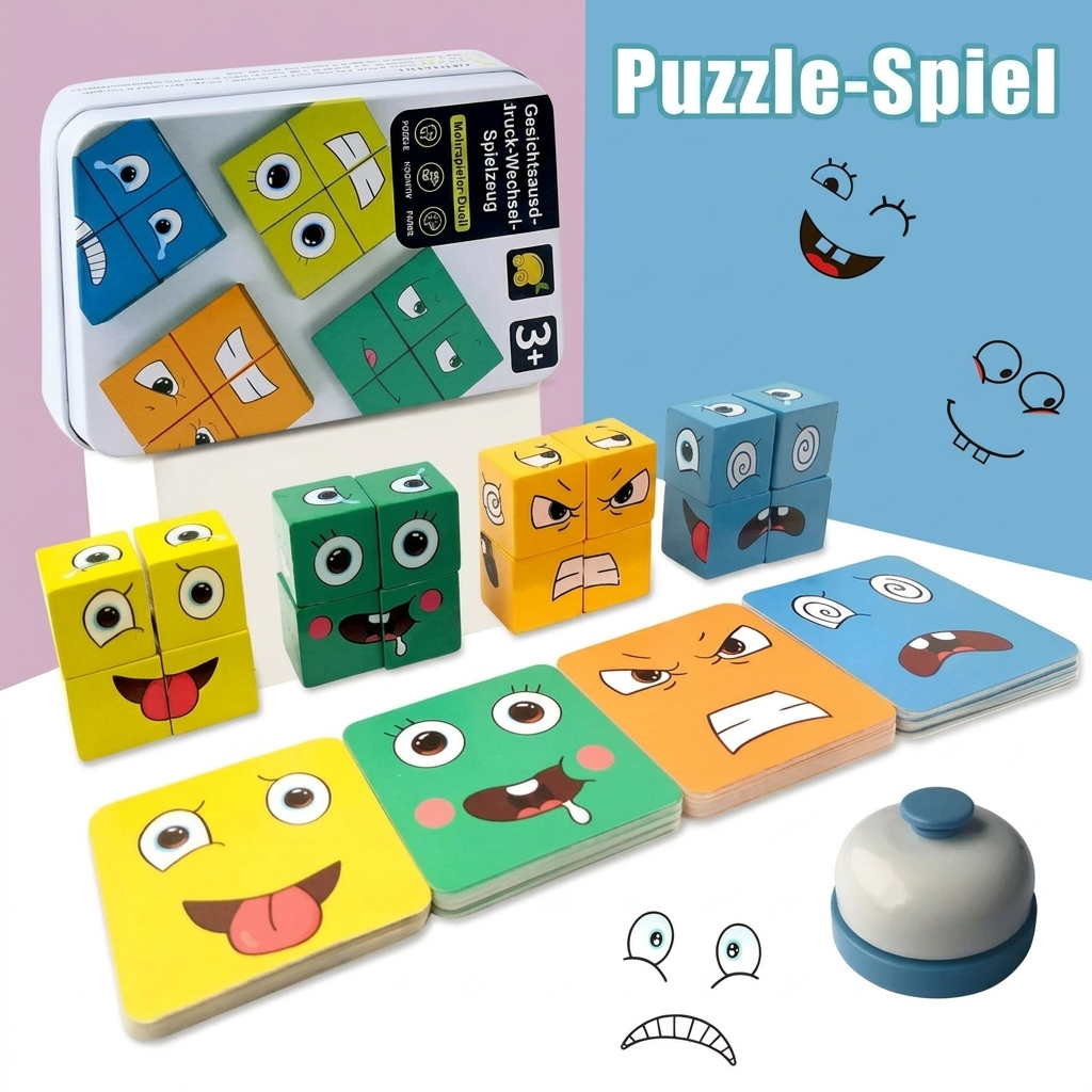 Nahaufnahme der EmotionBlocks: Hochwertiges Holzspielzeug mit sechs verschiedenen Gesichtsausdrücken für Vorschulkinder.