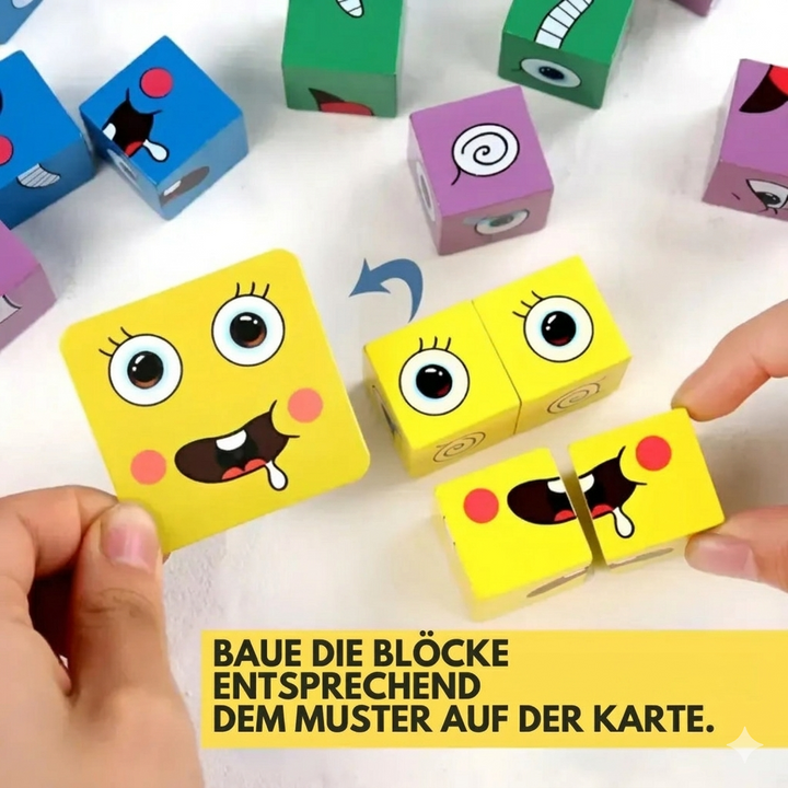 Zwei Kinder lernen mit EmotionBlocks Holzspielzeug gemeinsam Gefühle und soziale Interaktion zu verstehen.
