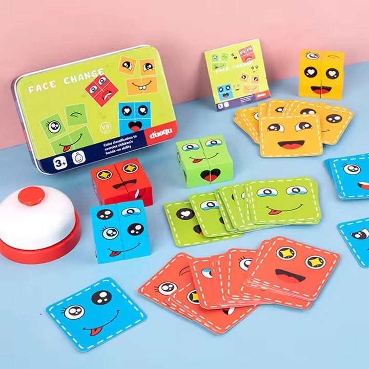 Kreatives Holzspielzeug EmotionBlocks zur Entwicklung von Feinmotorik und emotionaler Ausdrucksfähigkeit bei Kindern.