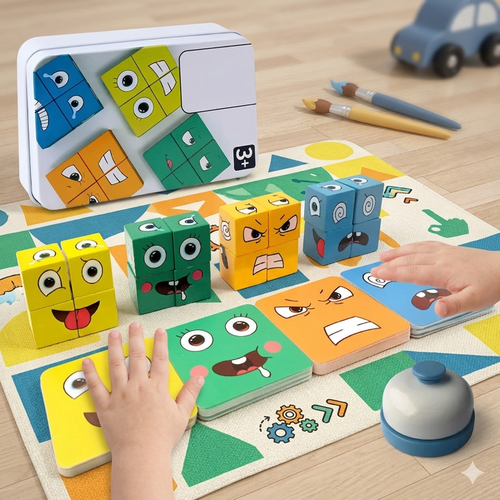 Set von EmotionBlocks pädagogischem Holzspielzeug, ideal für Vorschule und zur Gefühlsentwicklung bei Kindern.