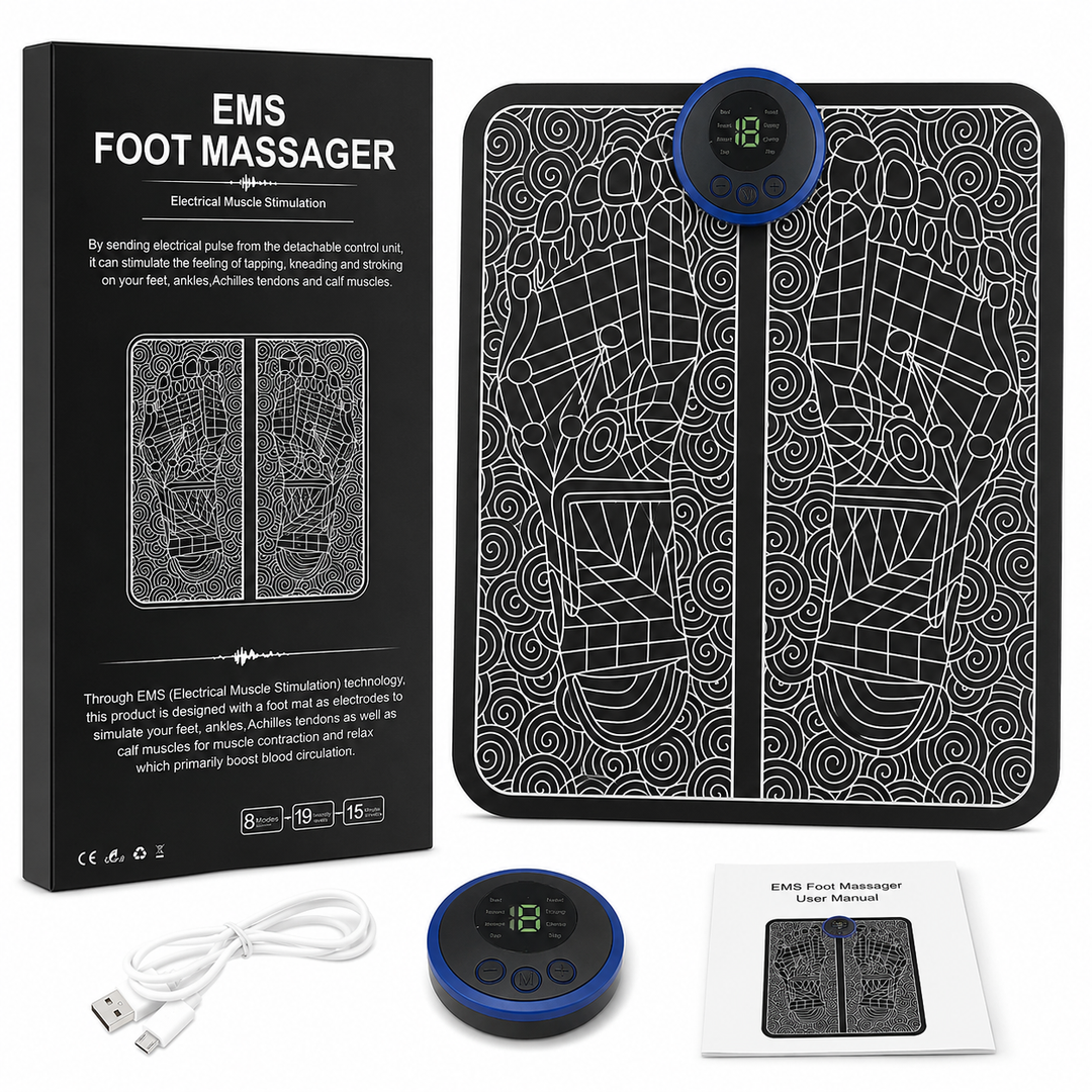 EMS Fußmassagegerät Pad für müde Füße, faltbar & tragbar, zur Muskelstimulation und Entspannung.