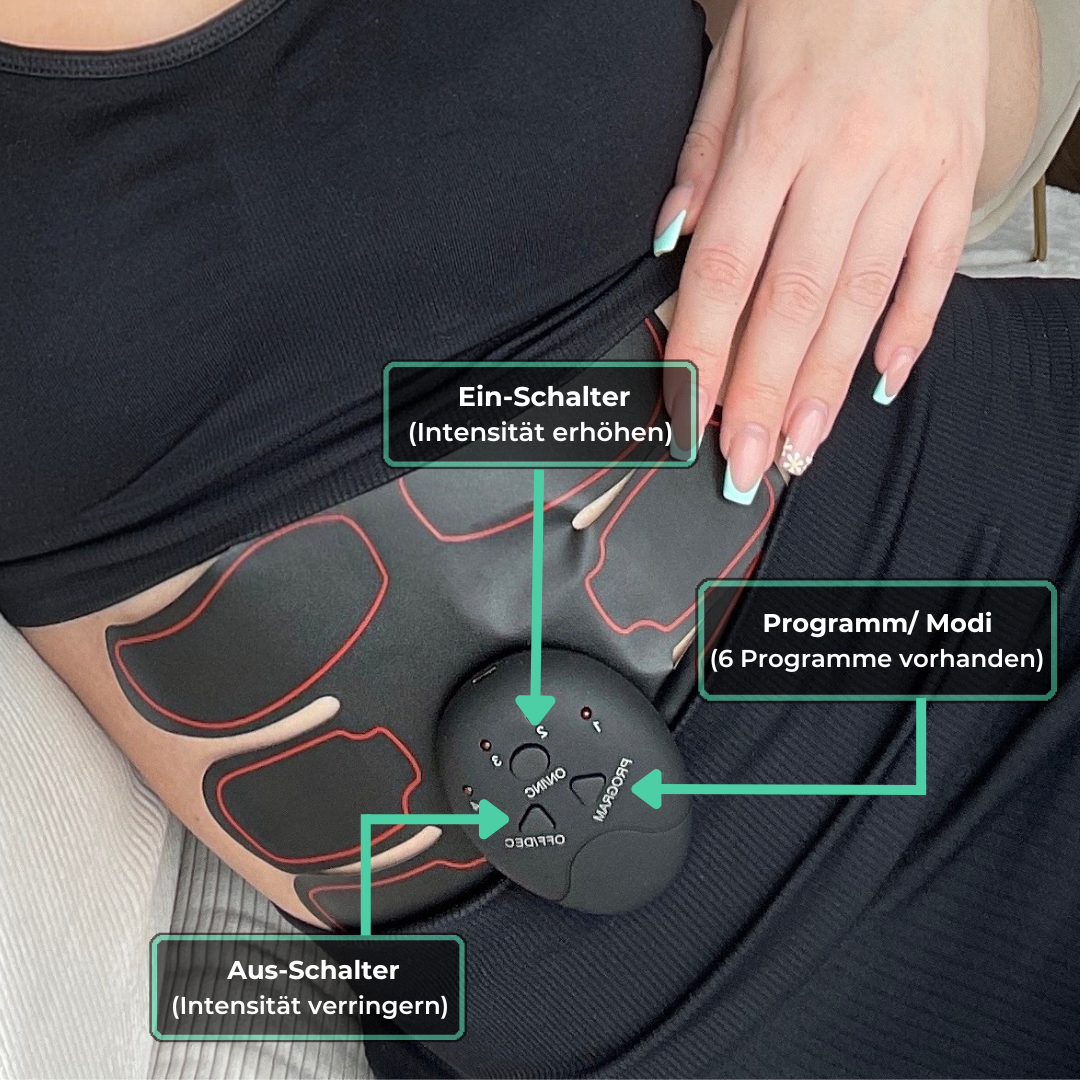 Person trainiert Bauchmuskeln mit USB-aufladbarem EMS Muskeltrainer; effizientes Fitness-Heimtraining.