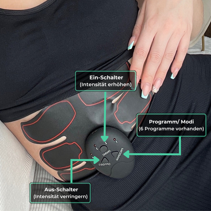 Person trainiert Bauchmuskeln mit USB-aufladbarem EMS Muskeltrainer; effizientes Fitness-Heimtraining.