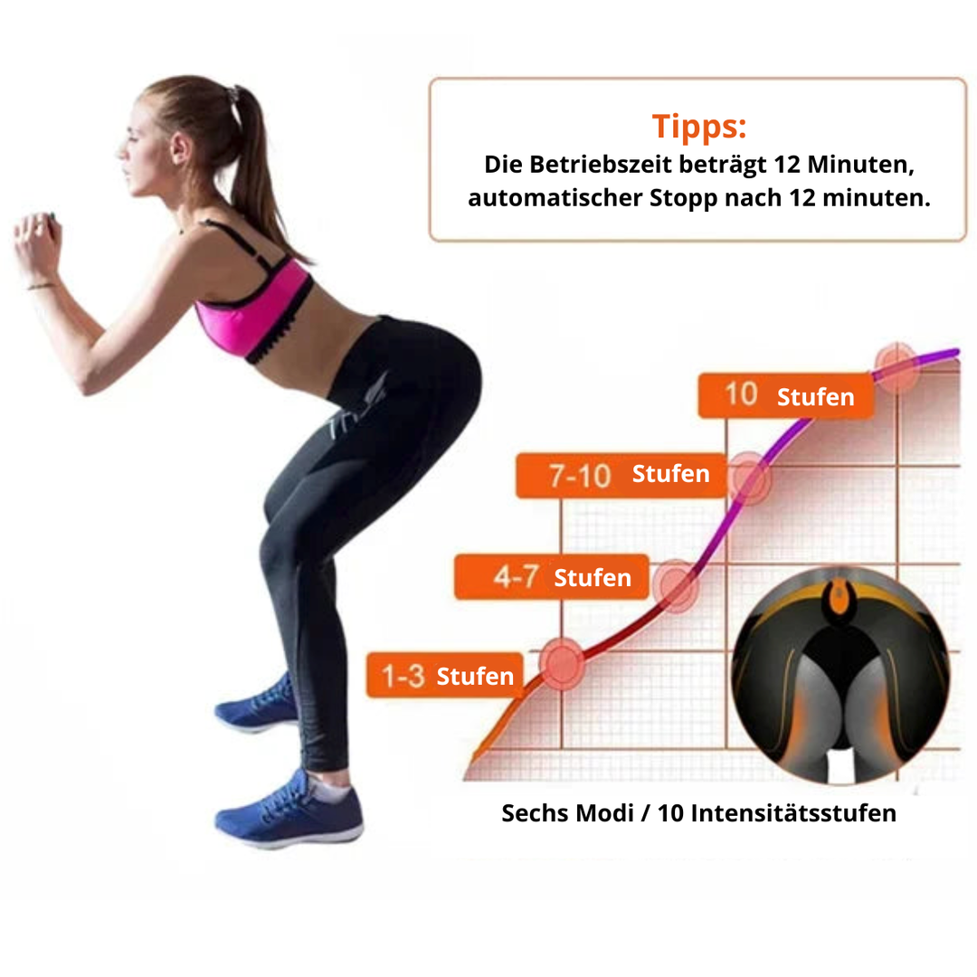 Kabelloser EMS Muskeltrainer für Straffung, Kurven & Beautytraining. Ideal für Gesäß & Bauch.