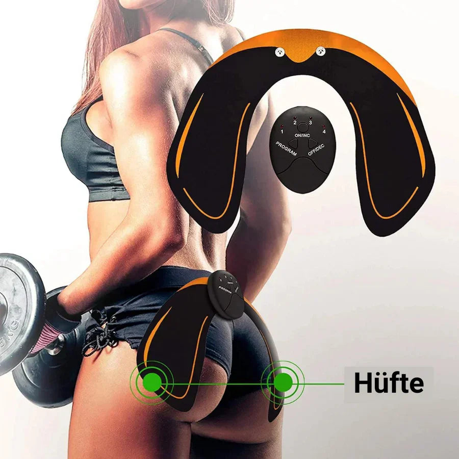 Frau trainiert Gesäß mit CurveSculpt EMS Po-Trainer. Für straffe Kurven & effektives Muskeltraining.