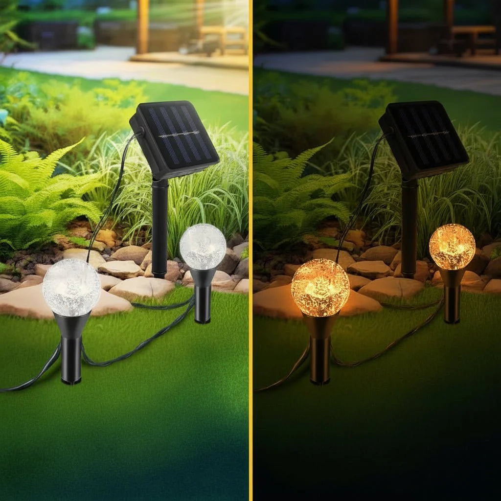 Wasserdichte Solar-LED-Lichterkette dekorativ um einen Busch gewickelt, schafft gemütliche Garten-Atmosphäre bei Nacht.