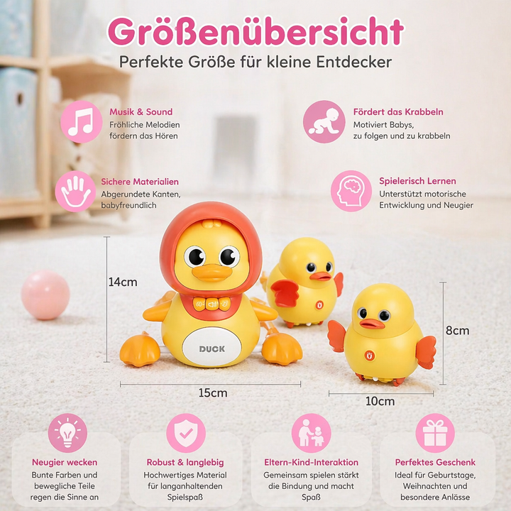 Niedliche Entefamilie als Babyspielzeug; musikalisches Krabbelspiel; bunt, sicher & ansprechend.