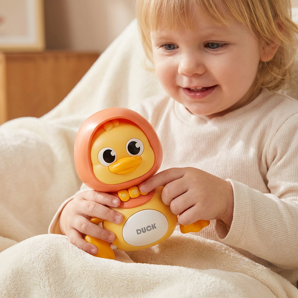 Baby spielt glücklich mit der Entefamilie; Musik- & Krabbelspielzeug fördert Interaktion & Freude.
