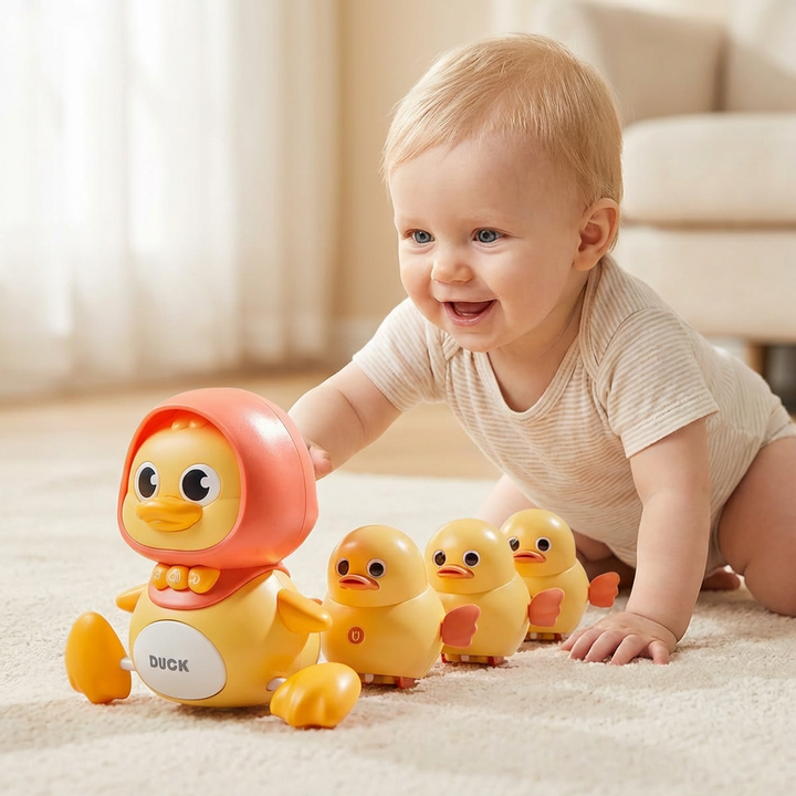 Detailansicht der Entefamilie: Knöpfe, Lichter & Texturen; interaktives Lernspielzeug für Babys.
