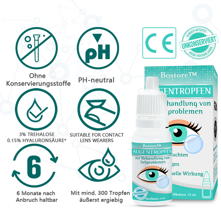 Augentropfen gegen gereizte und trockene Augen, fördern Feuchtigkeit und Sehkraft.