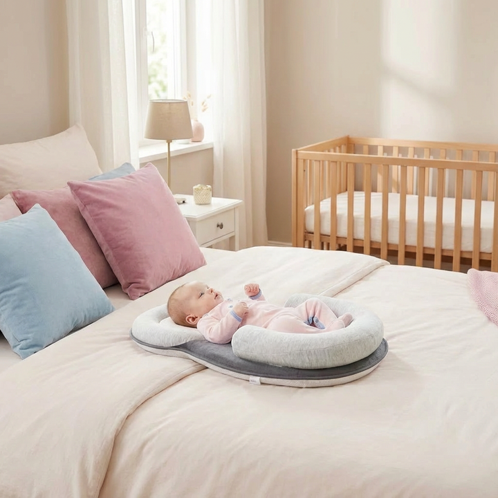 Ergonomische Babystütze in Grau für sicheren Halt & Komfort von Neugeborenen, ideal als Spiel- & Sitzhilfe.