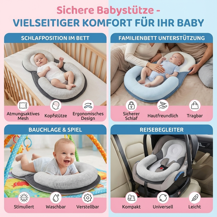 Ergonomischer Babysitz in Grau, atmungsaktiv & komfortabel, bietet sicheren Halt für Neugeborene.