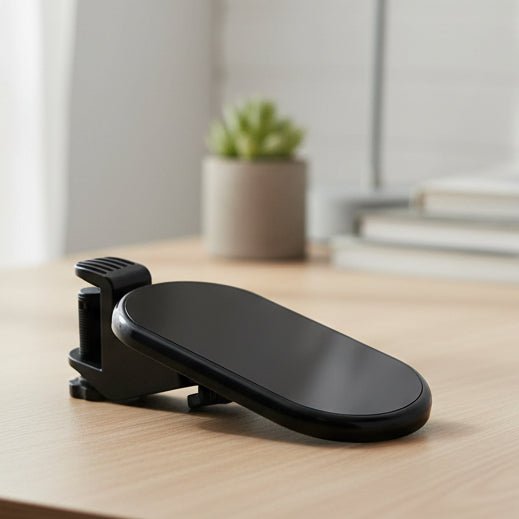 Ergonomische Computer Armlehne schwarz, 180° schwenkbar für Komfort am Schreibtisch. Unterstützt Handgelenk & Unterarm.