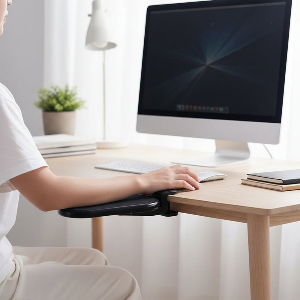 Schwarze ergonomische Computer Armlehne für Bürostuhl; entlastet Schulter, Nacken, Handgelenk bei langer Arbeit.