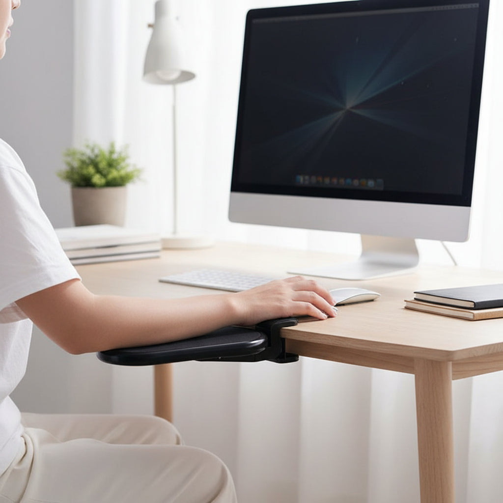 Schwarze ergonomische Computer Armlehne für Bürostuhl; entlastet Schulter, Nacken, Handgelenk bei langer Arbeit.
