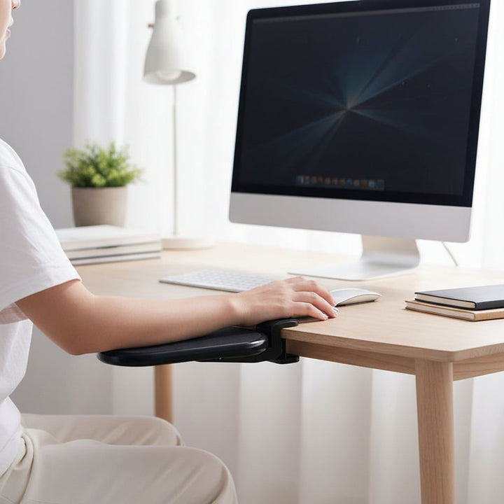 Schwarze ergonomische Computer Armlehne für Bürostuhl; entlastet Schulter, Nacken, Handgelenk bei langer Arbeit.
