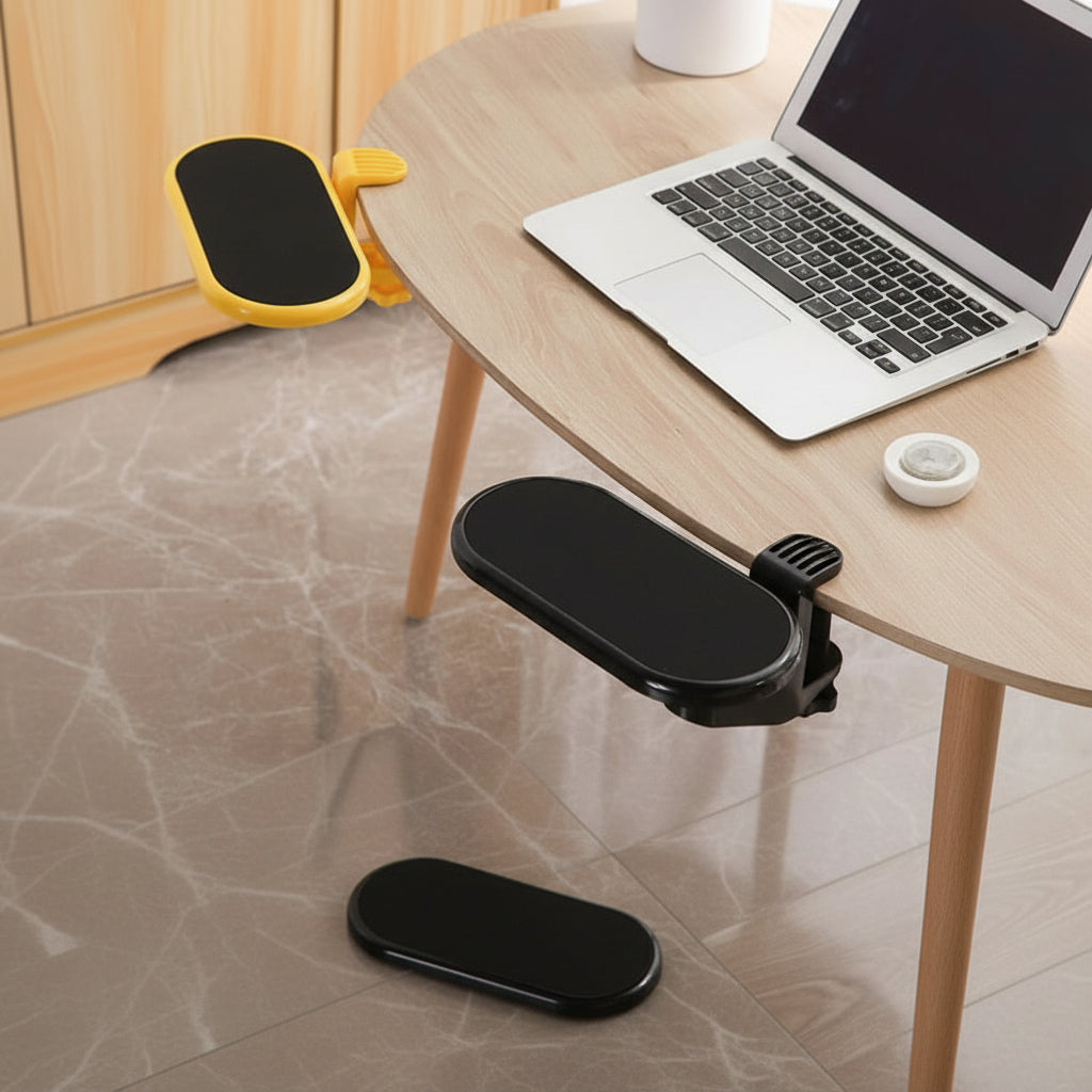 Gelbe 180° schwenkbare ergonomische Armlehne für Computer-Arbeitsplatz. Verhindert RSI, erhöht Büro-Komfort.