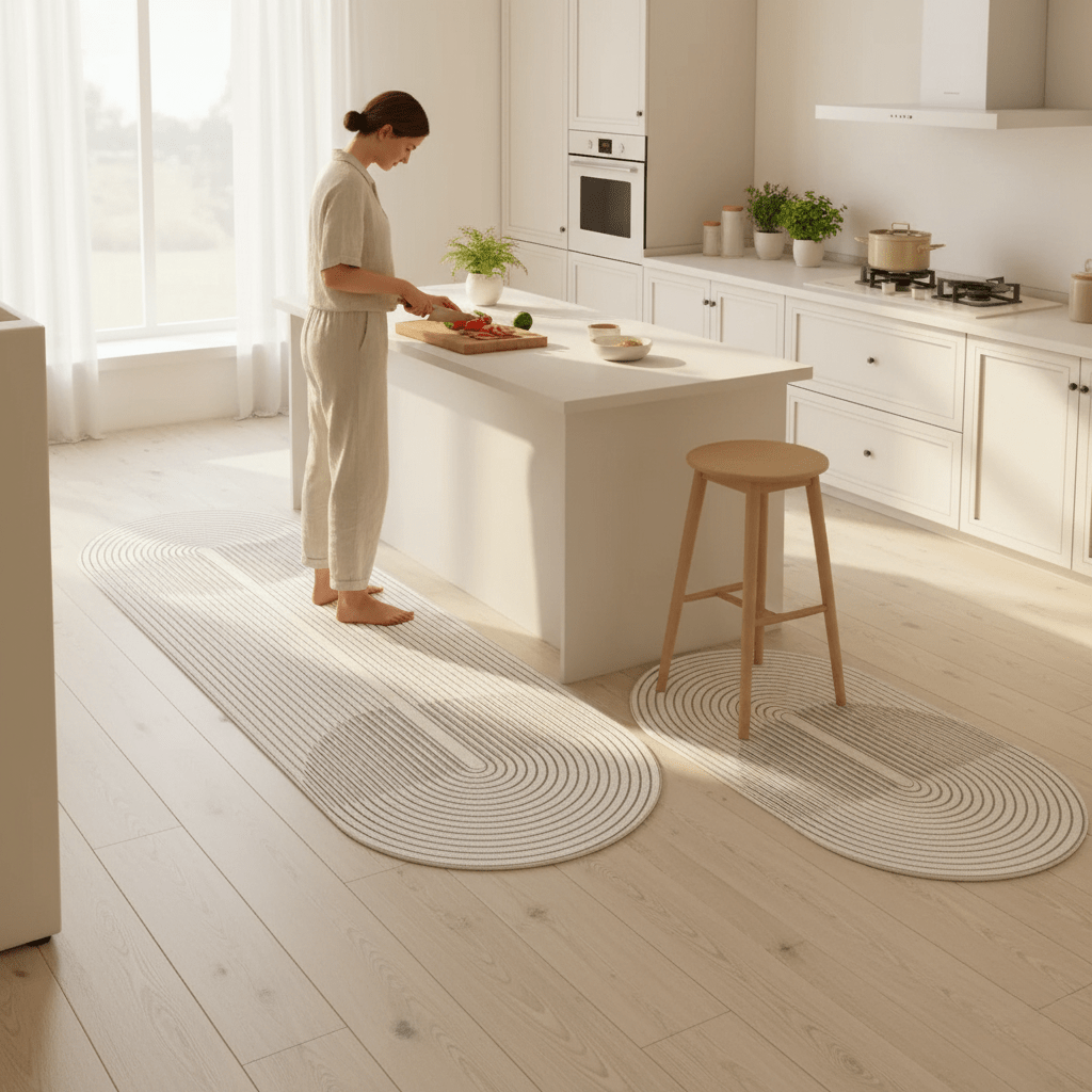 Nahaufnahme der pflegeleichten, strapazierfähigen Oberfläche der ergonomischen Küchenmatte für sicheres Stehen.