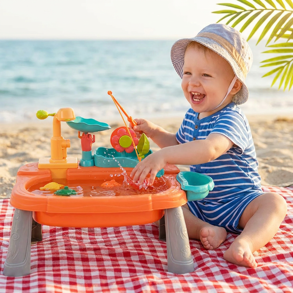Ergonomische Kinder-Spielküche orange-grün mit Wasserfunktion; fördert Rollenspiel & Feinmotorik bei Kindern.