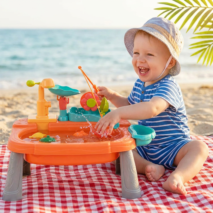 Ergonomische Kinder-Spielküche orange-grün mit Wasserfunktion; fördert Rollenspiel & Feinmotorik bei Kindern.