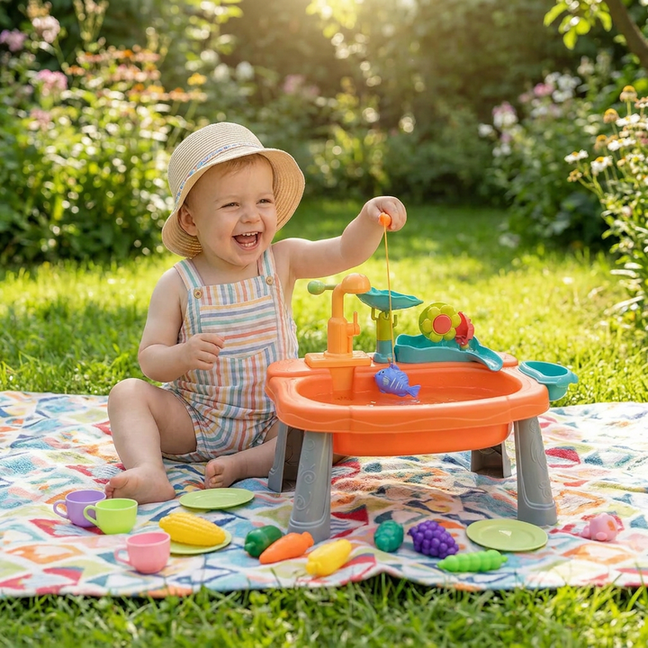 Lernspielzeug: Ergonomische Spielküche für Kinder; grün-orange, unterstützt frühkindliche Entwicklung & Feinmotorik.