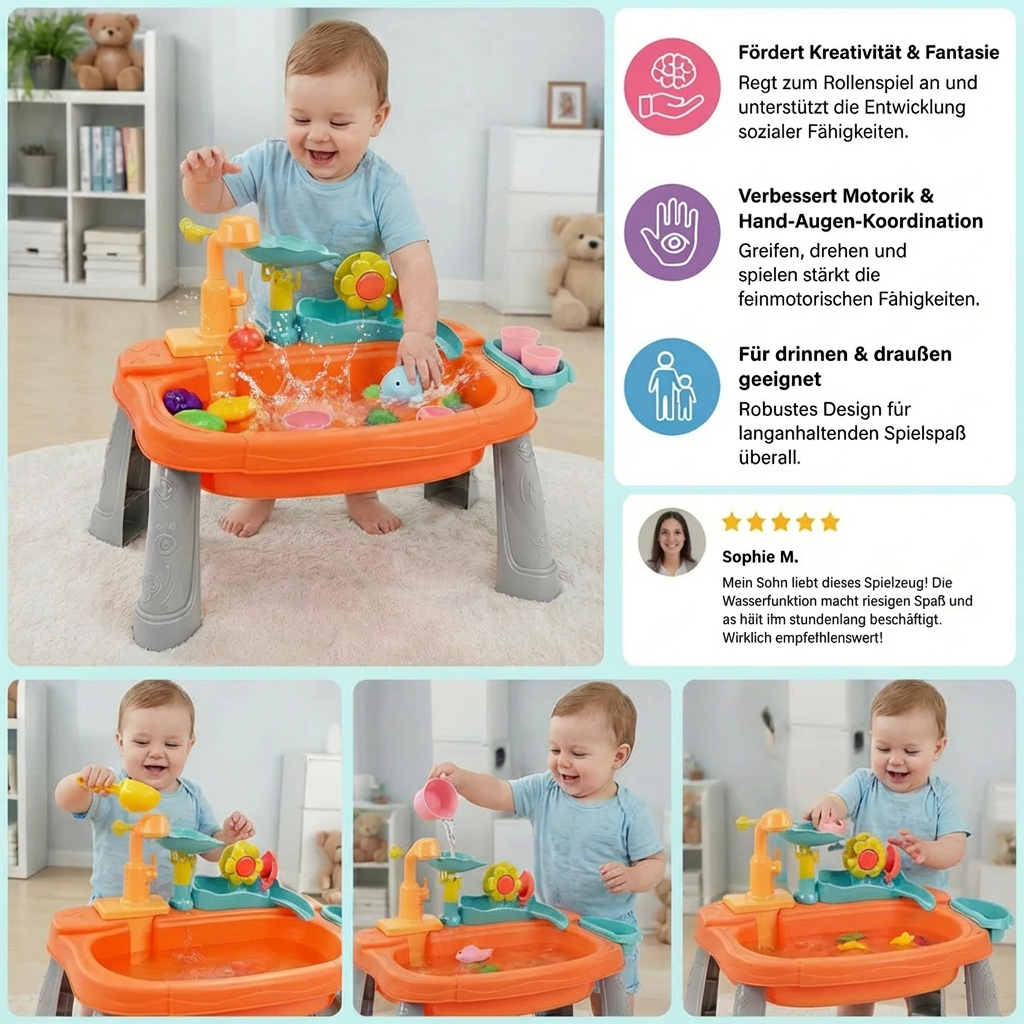 Aktive Kinder-Spielküche mit realer Wasserfunktion; orange-grün; ideal für fantasievolles Rollenspiel & Lernspaß.