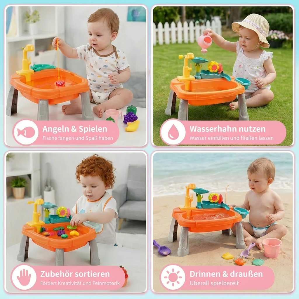 Bunte orange-grüne Kinderküche mit interaktiver Wasserfunktion; fördert kreatives Rollenspiel & Lernprozesse.