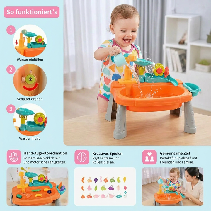 Feinmotorik-Spielzeug: Ergonomische Kinderküche orange-grün mit Wasserfunktion zur Entwicklung von Fähigkeiten.