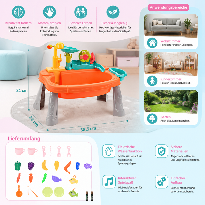 Lebendige Spielküche für Kinder in Orange-Grün mit Wasserfunktion; perfekt für kreatives und lehrreiches Rollenspiel.