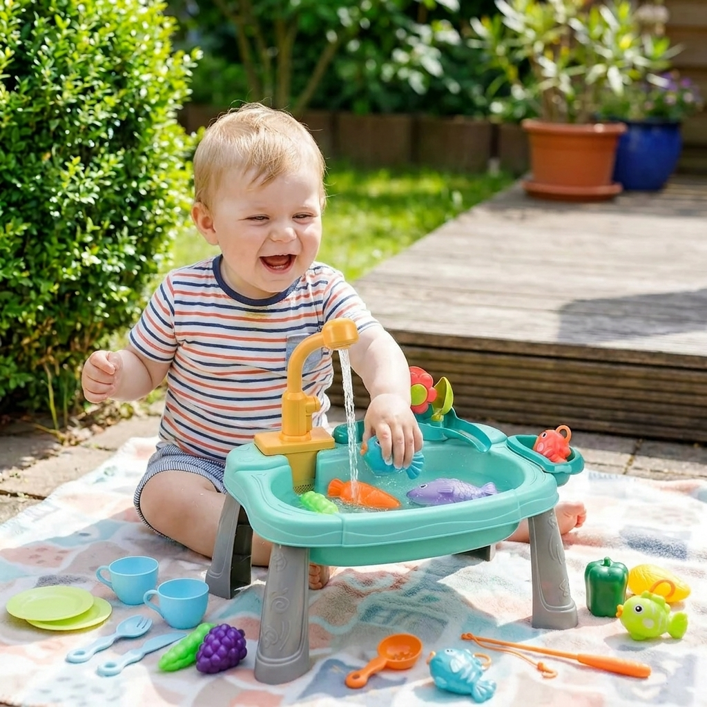 Interaktive Kinderküche mit Wasserfunktion in Orange und Grün; fördert spielerisch Entwicklung und Lernspaß.