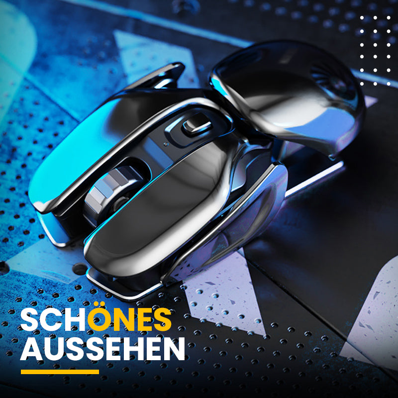 Detailansicht der ergonomischen Computermaus aus Metall. Ideal für komfortables Büro-Setup.