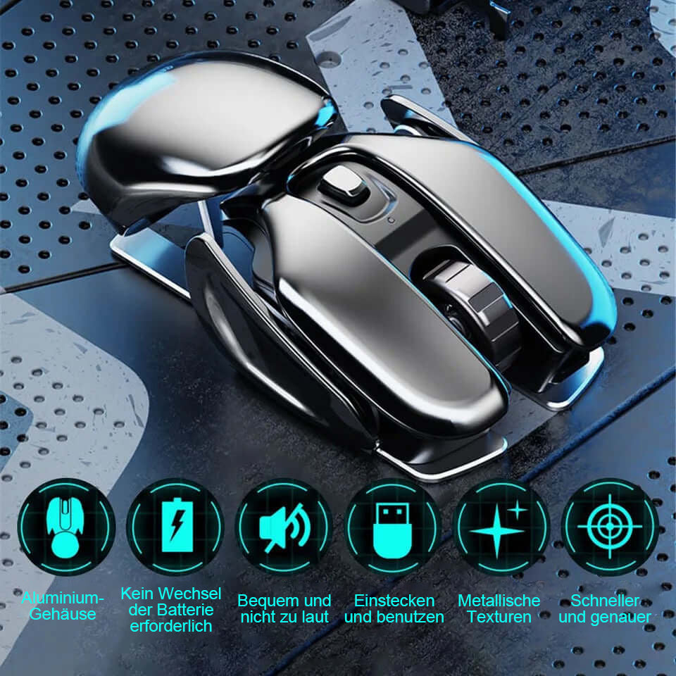 Leise klickende Metall-Maus, ergonomisch geformt. Bietet Komfort und Präzision für lange Arbeitsstunden.