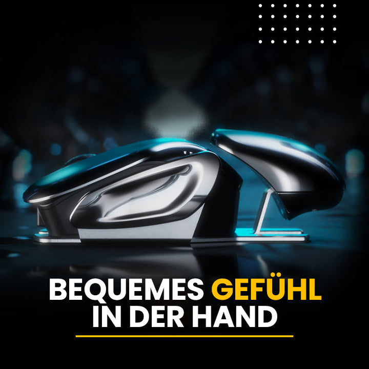 Seitenansicht der ergonomischen Metallmaus. Komfortable Handauflage für ermüdungsfreies Arbeiten.