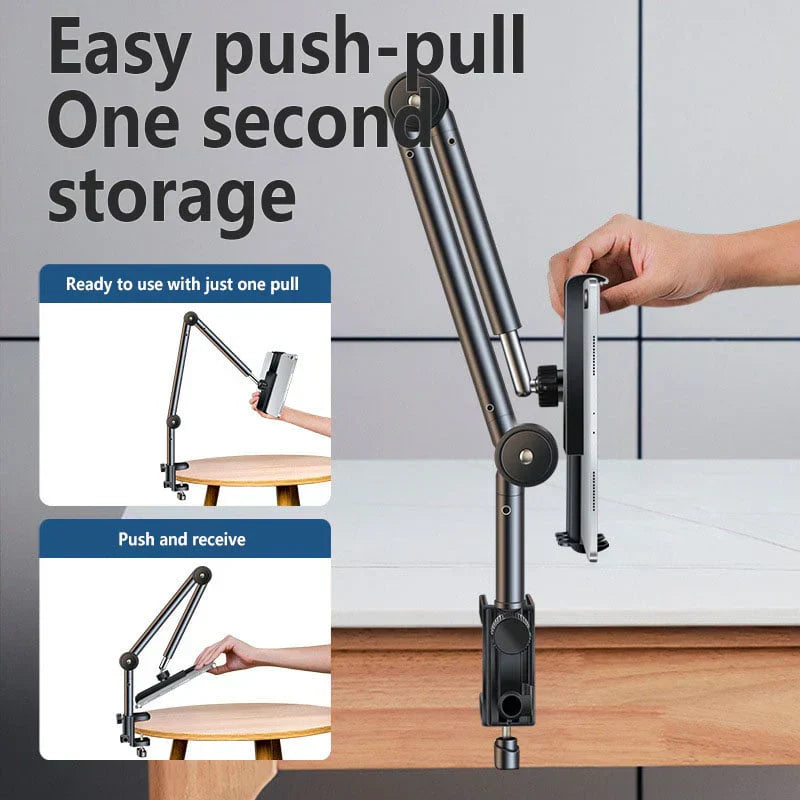 Einstellbarer Aluminium Handy- und Tablet-Ständer für ergonomische Sicht. 360° drehbar, ideal fürs Büro oder Zuhause.