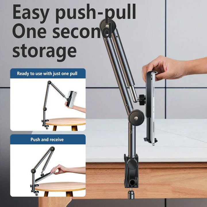 Einstellbarer Aluminium Handy- und Tablet-Ständer für ergonomische Sicht. 360° drehbar, ideal fürs Büro oder Zuhause.